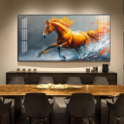 One Running Horse Glass Finish Horizontal Wall Art