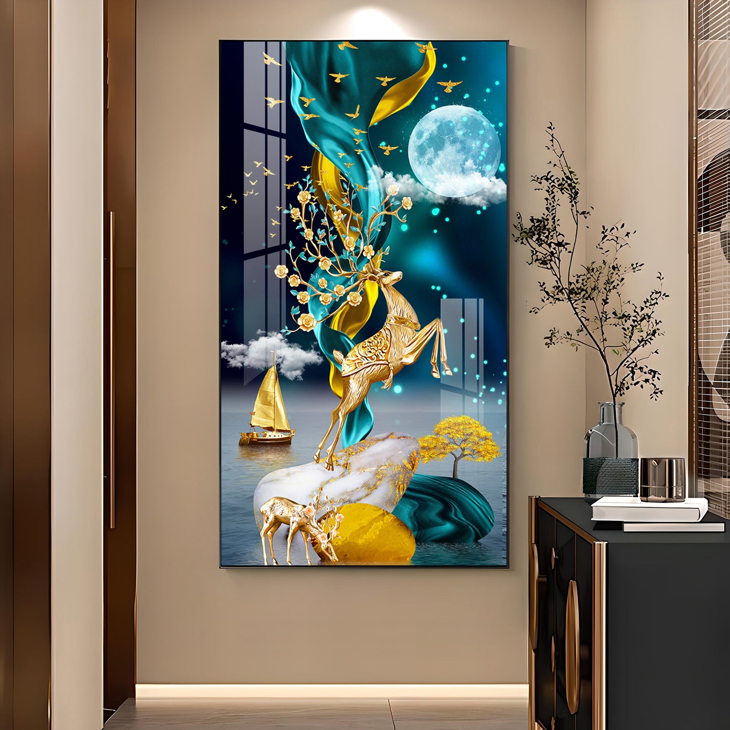 Moonnlit Dancing Deer Glass Finish Vertical Wall Art