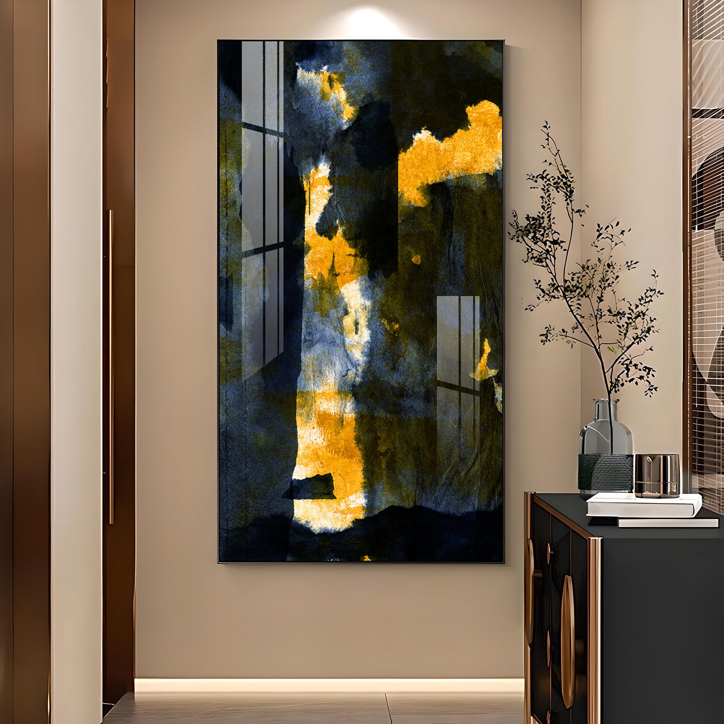 Golden Nightfall Glass Finish Vertical Wall Art