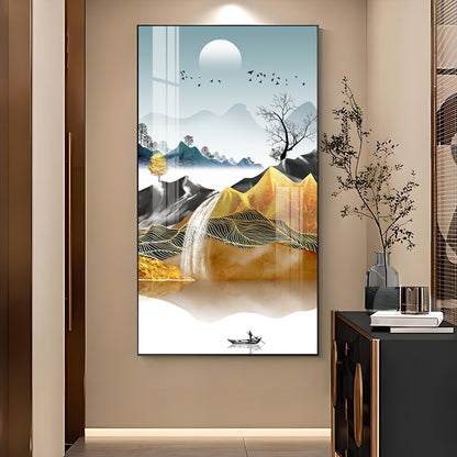 Oat and Birds Artwork Glass Finish Vertical Wall Art