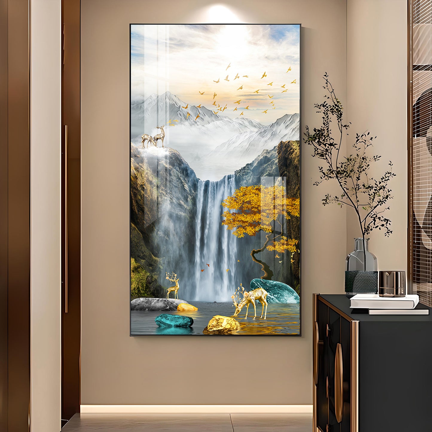 Alpine Gold Reindeer Waterfall Glass Finish Vertical Wall Art