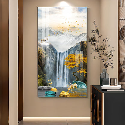 Alpine Gold Reindeer Waterfall Glass Finish Vertical Wall Art