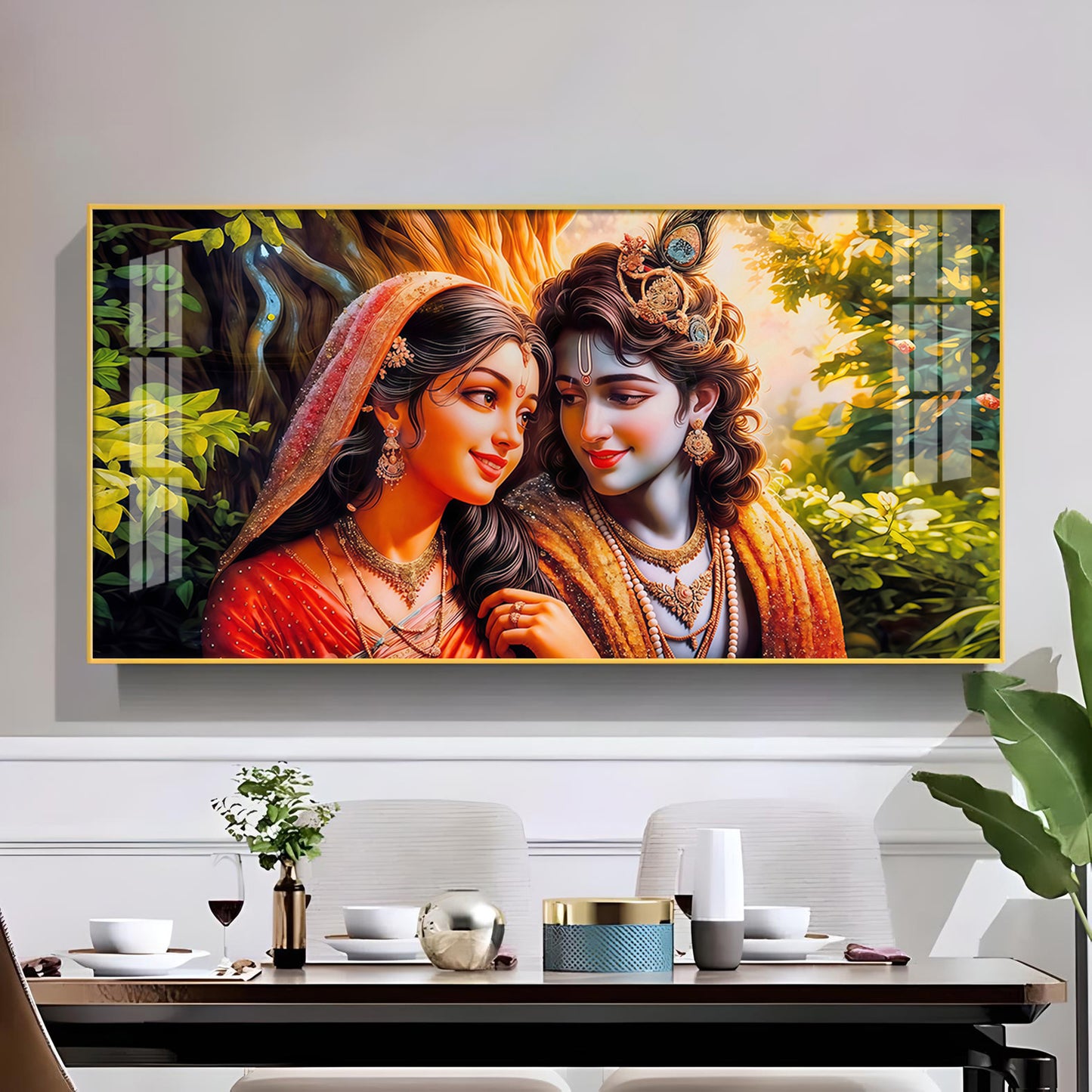 Loving Couple Radha and Krishna Glass Finish Horizontal Wall Art