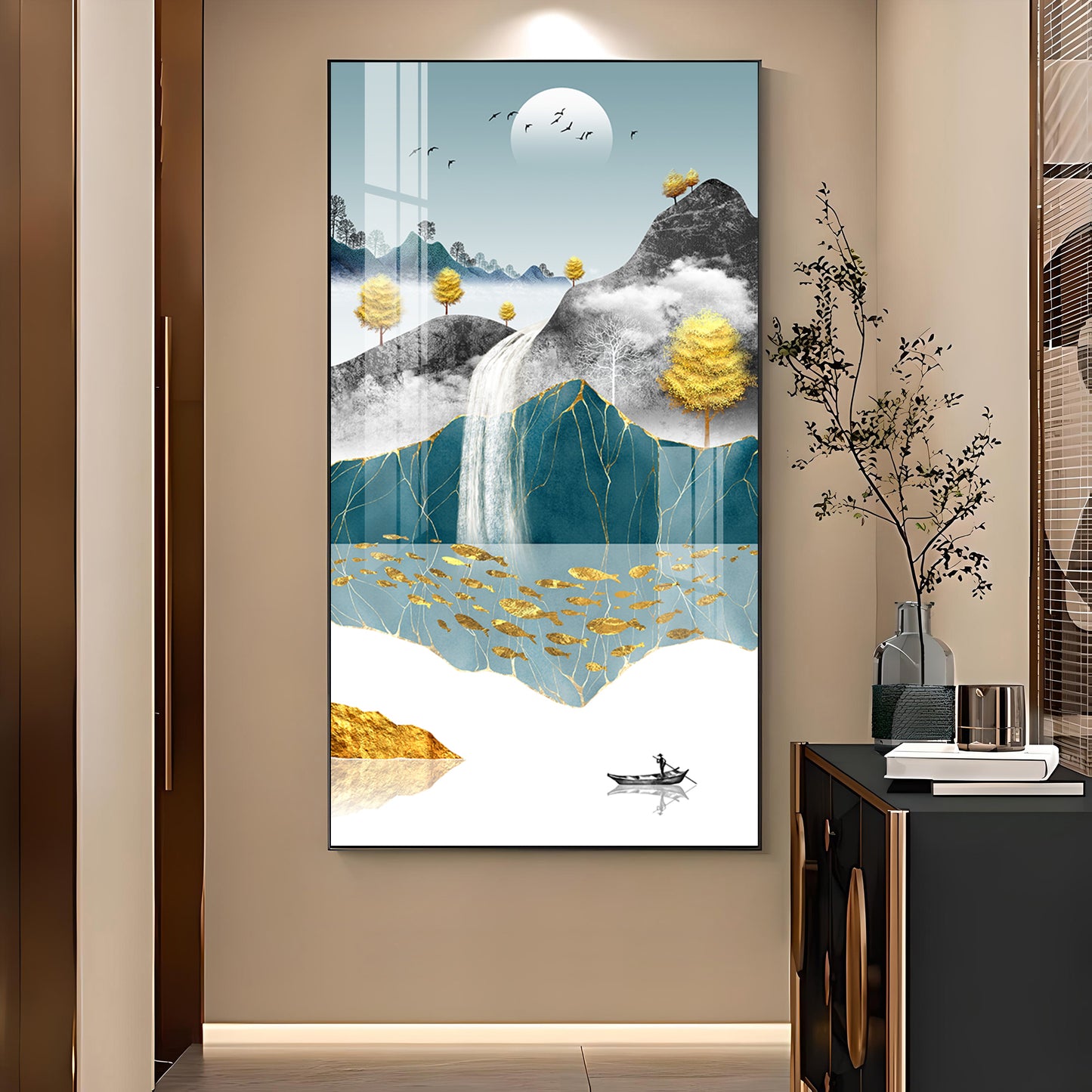 Painting of a Waterfall and Boat Glass Finish Vertical Wall Art