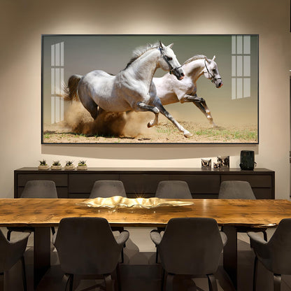 Satin Matt Running Horses Glass Finish Horizontal Wall Art