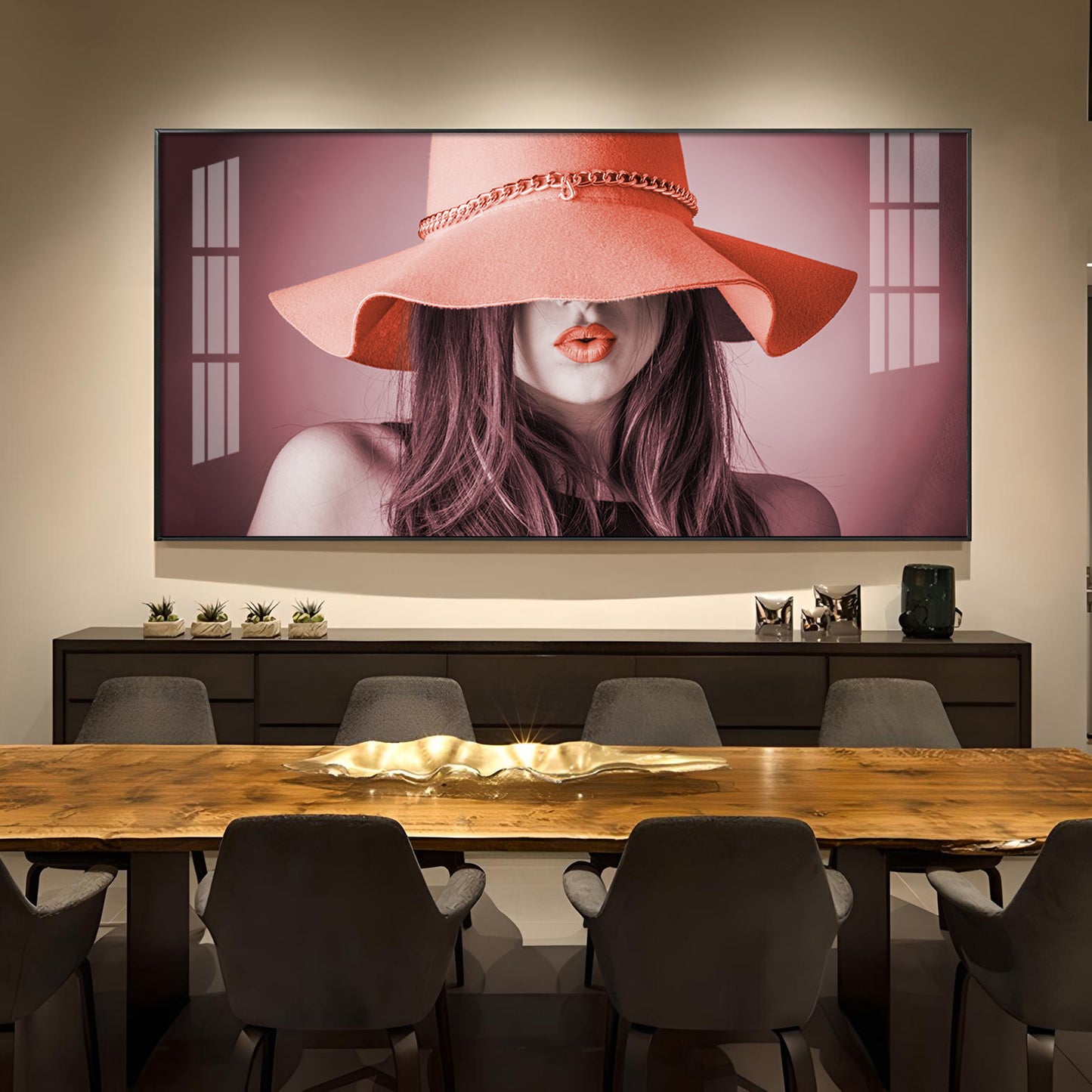 Modern Lady With Hat Glass Finish Horizontal Wall Art