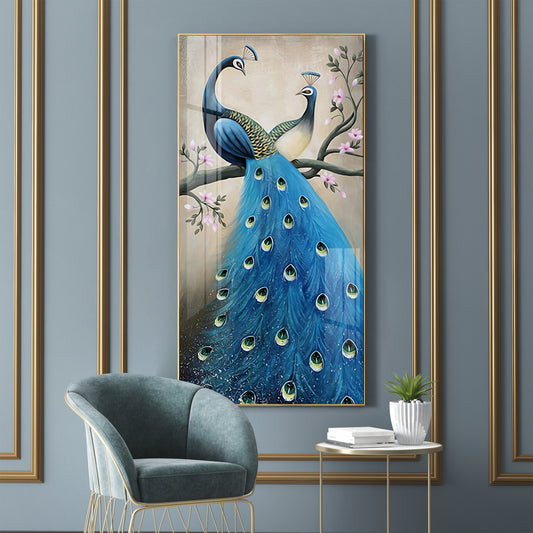Dual Peacock Serenity Glass Finish Vertical Wall Art