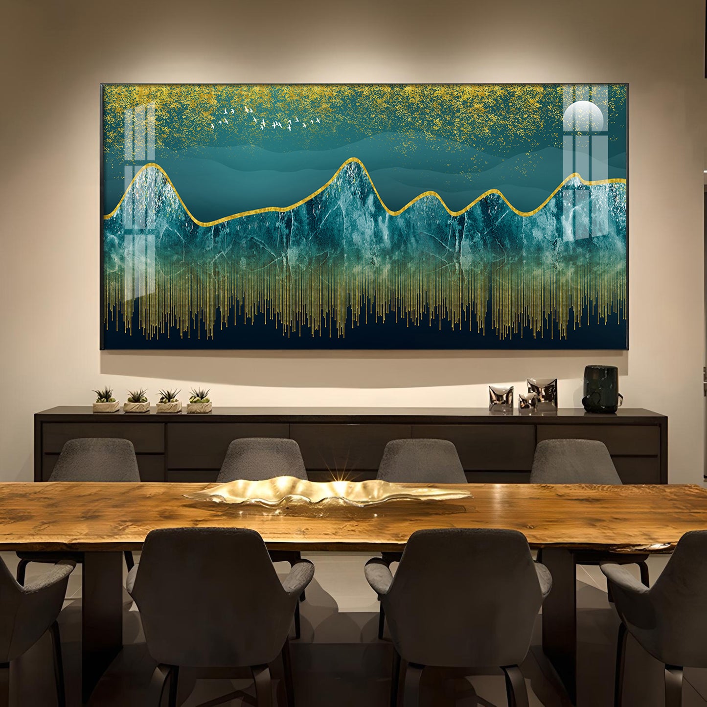 Dark Turquoise Mountains Glass Finish Horizontal Wall Art