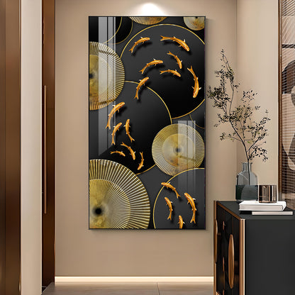 Goldfish Elegance Glass Finish Vertical Wall Art