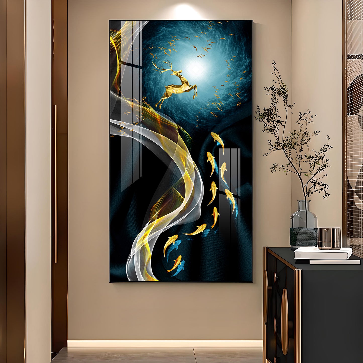 The Golden Swim Glass Finish Vertical Wall Art