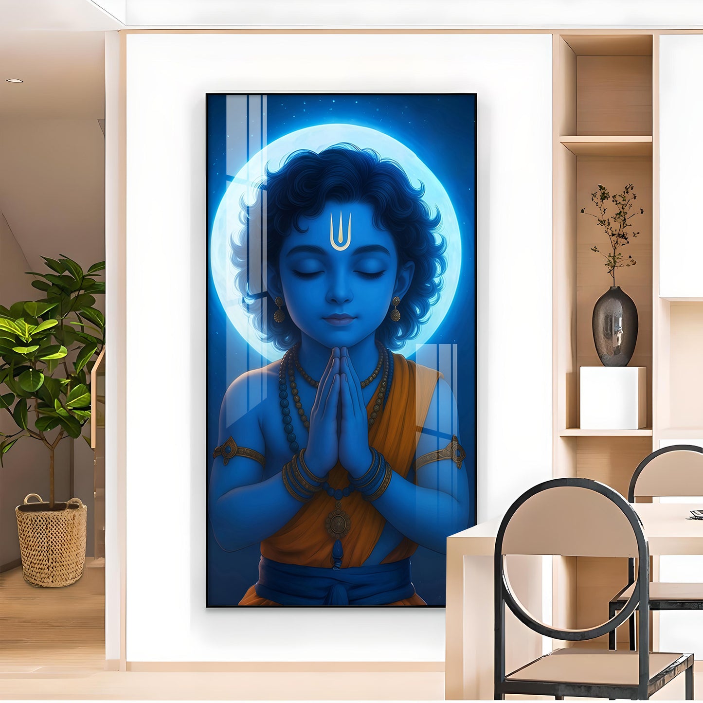 Praying Little krishna Glass Finish vertical Wall Art