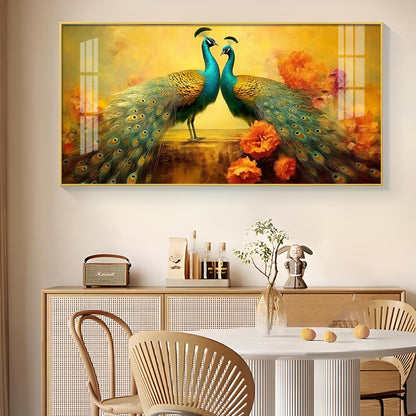 Peacocks With Flower Background Glass Finish Horizontal Wall Art