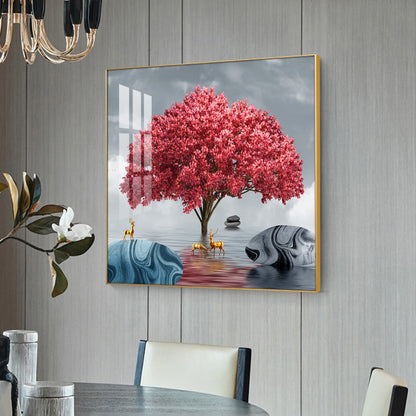 Rosy Bloom Tree Glass Finish Square Wall Art