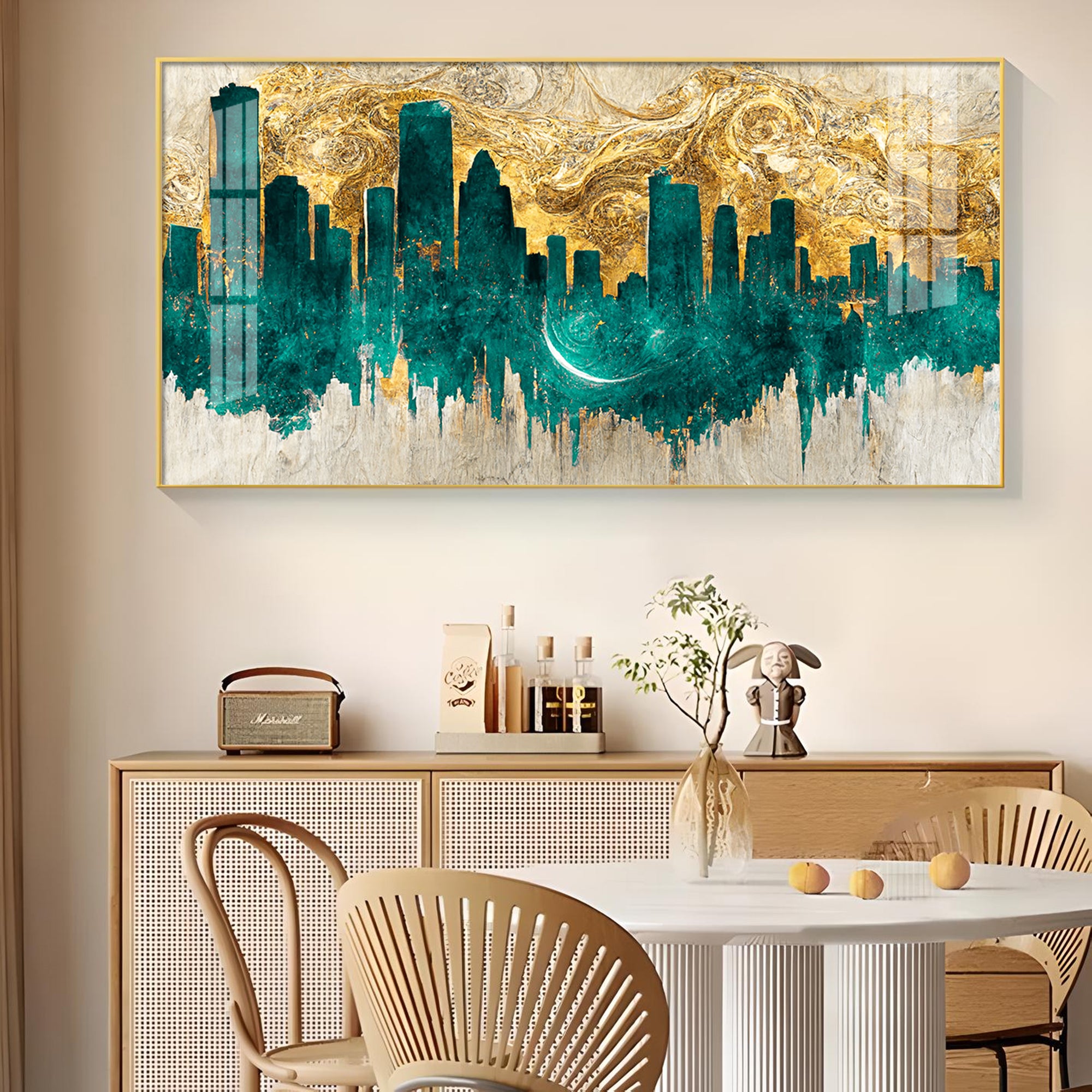 Golden Urban Vista Glass Finish Horizontal Wall Art