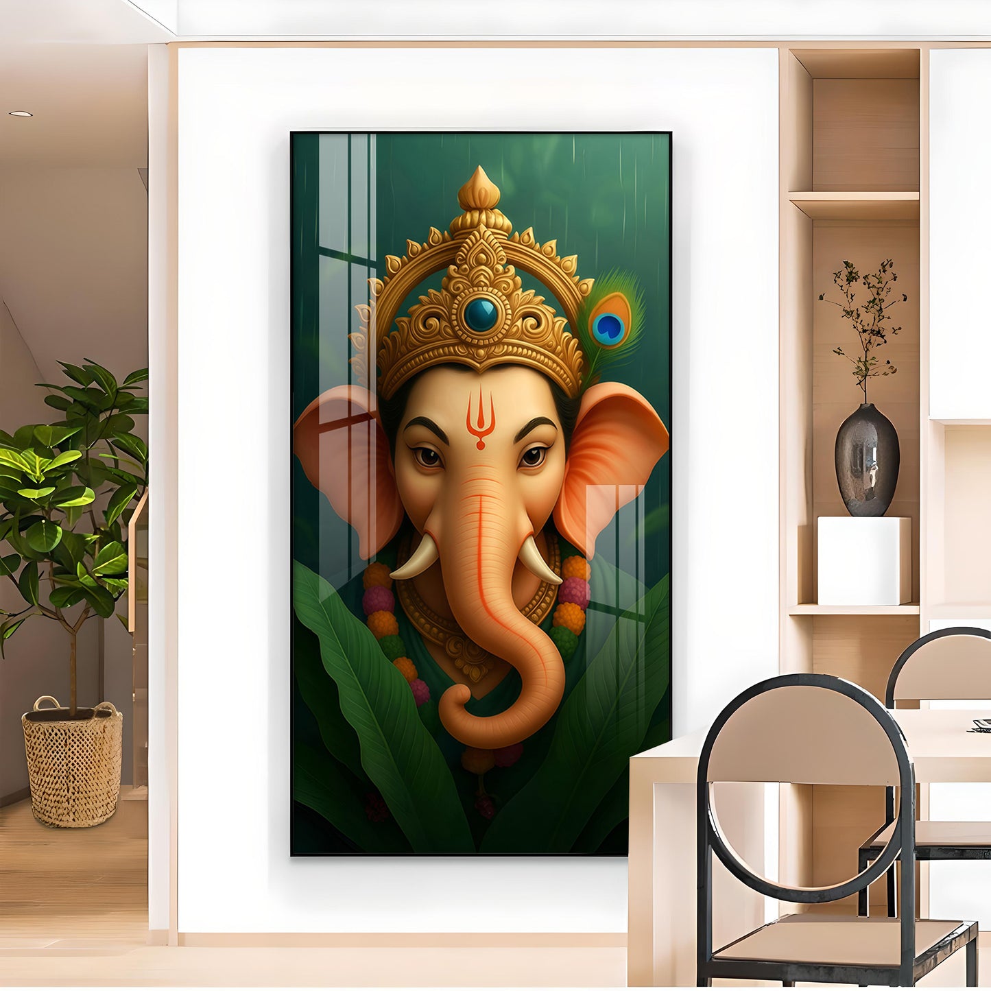 Vibrant Lord ganesha Artwork Glass Finish Vertical Wall Art