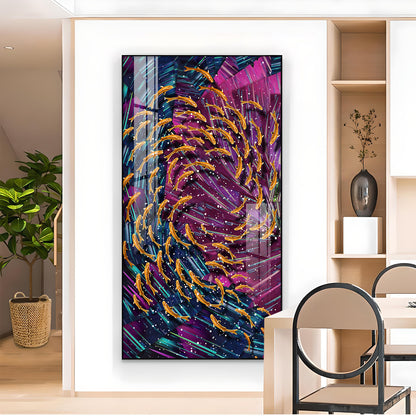 Chromatic Fish Dance Glass Finish Vertical Wall Art