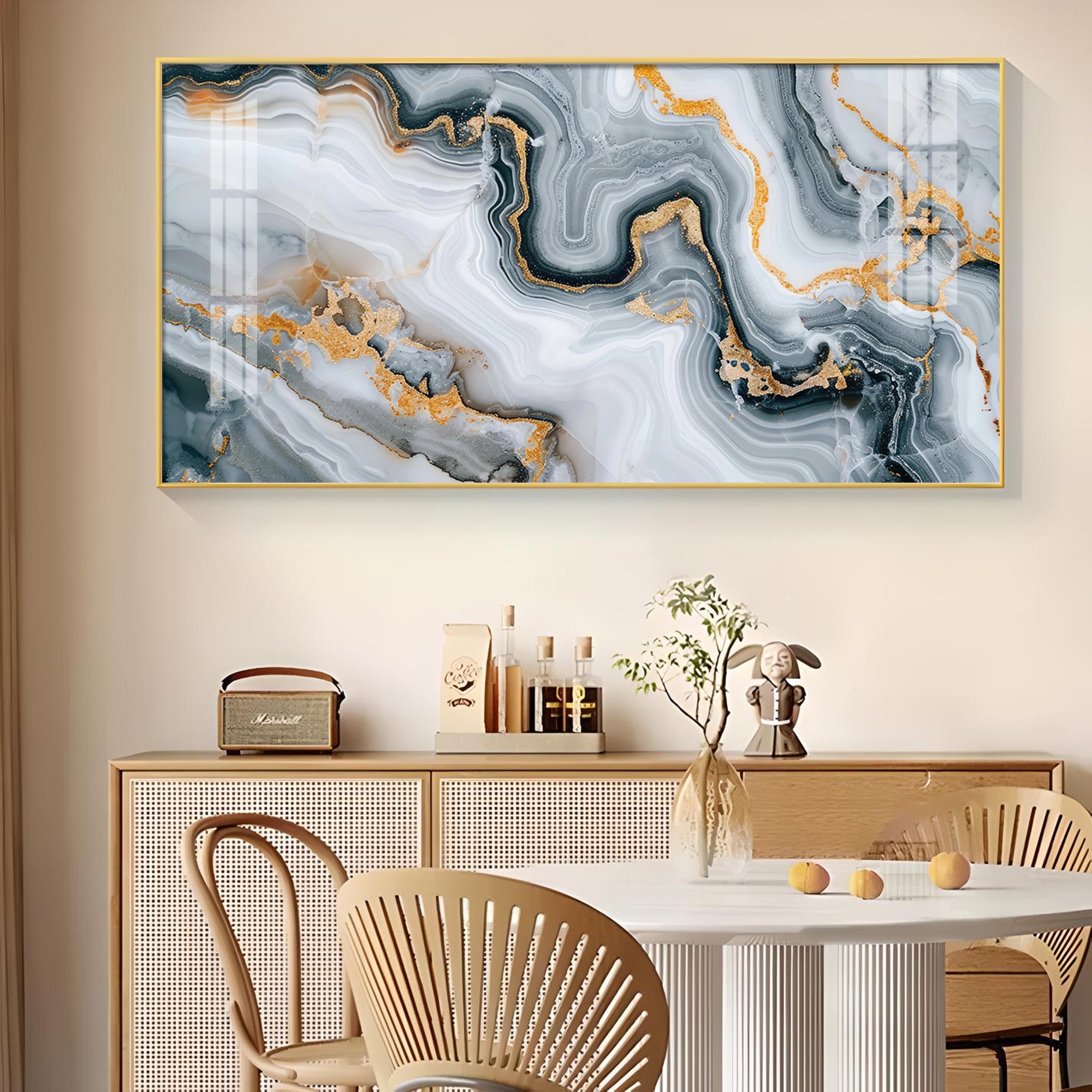 Modern Abstract Golden & Gray Glass Finish Horizontal Wall Art