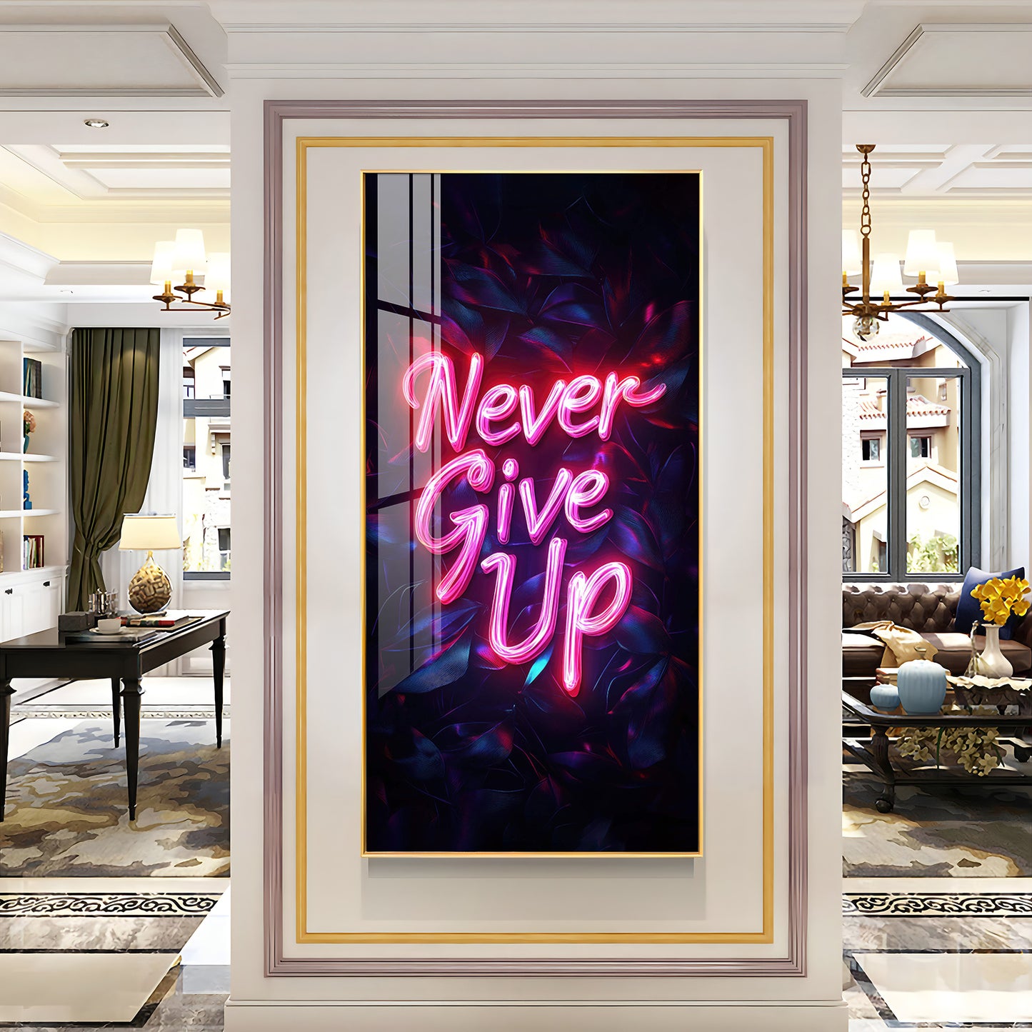 Never Give Up motivational Glass Finish Vertical Wall Art
