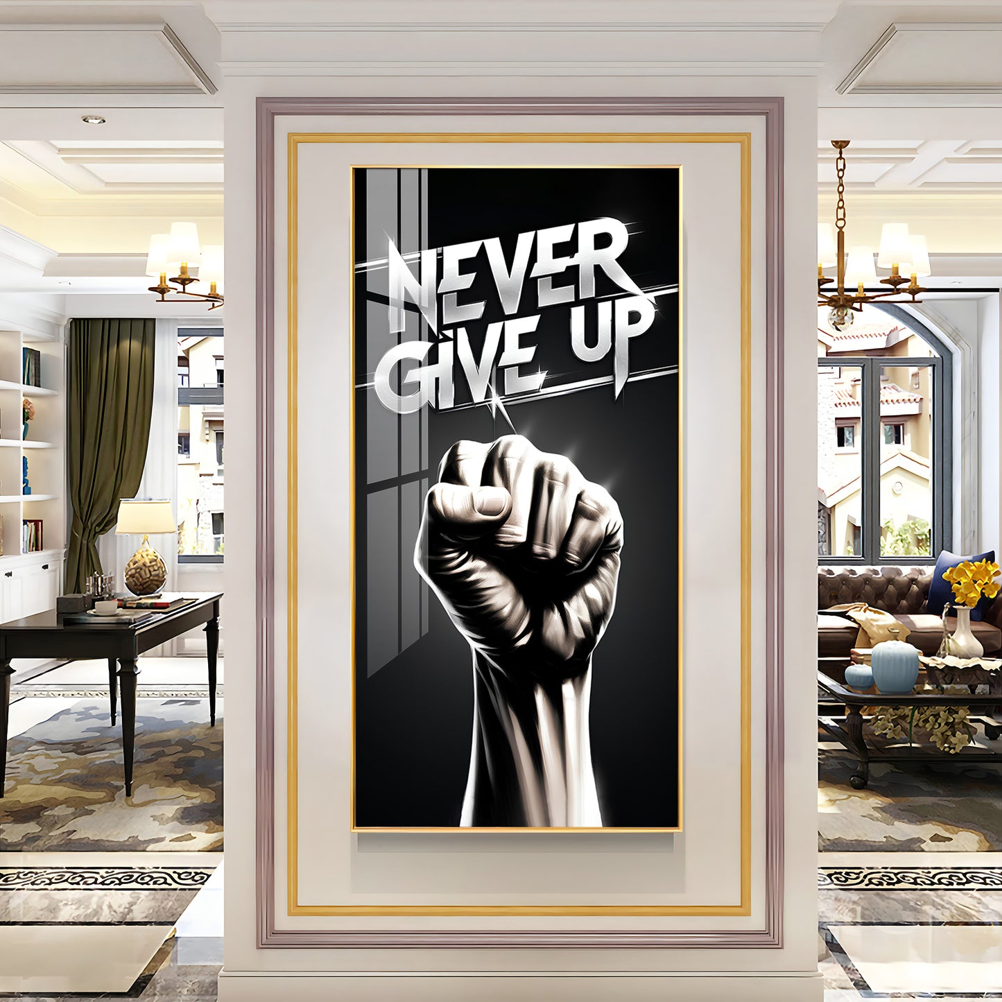 Never Give Up Motivational Quote Glass Finish Vertical Wall Art