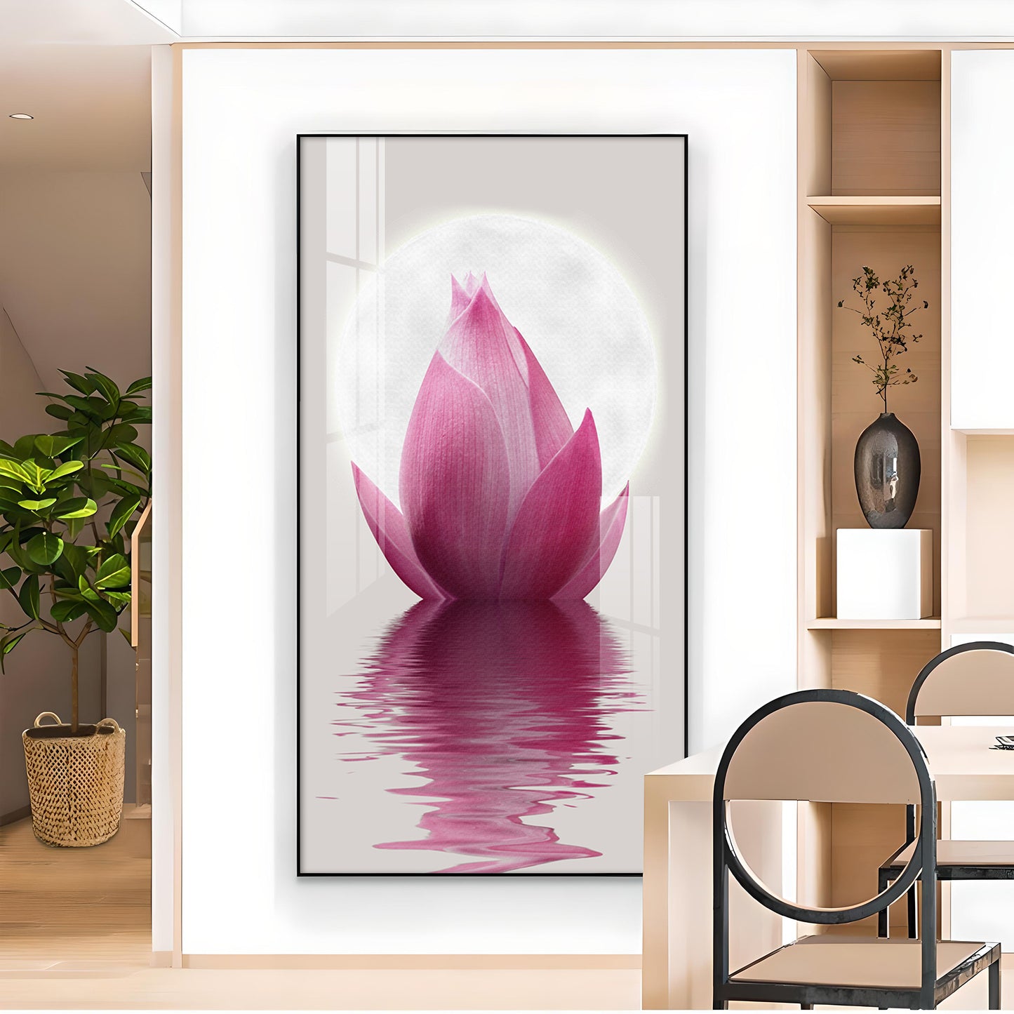 Lunar Lotus Glass Finish Vertical Wall Art