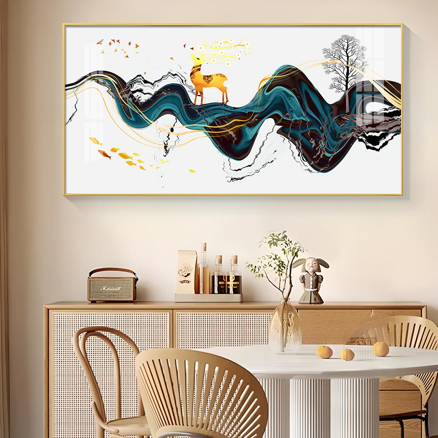 Golden Deer With Multi Color Floating Glass Finish Horizontal Wall Art