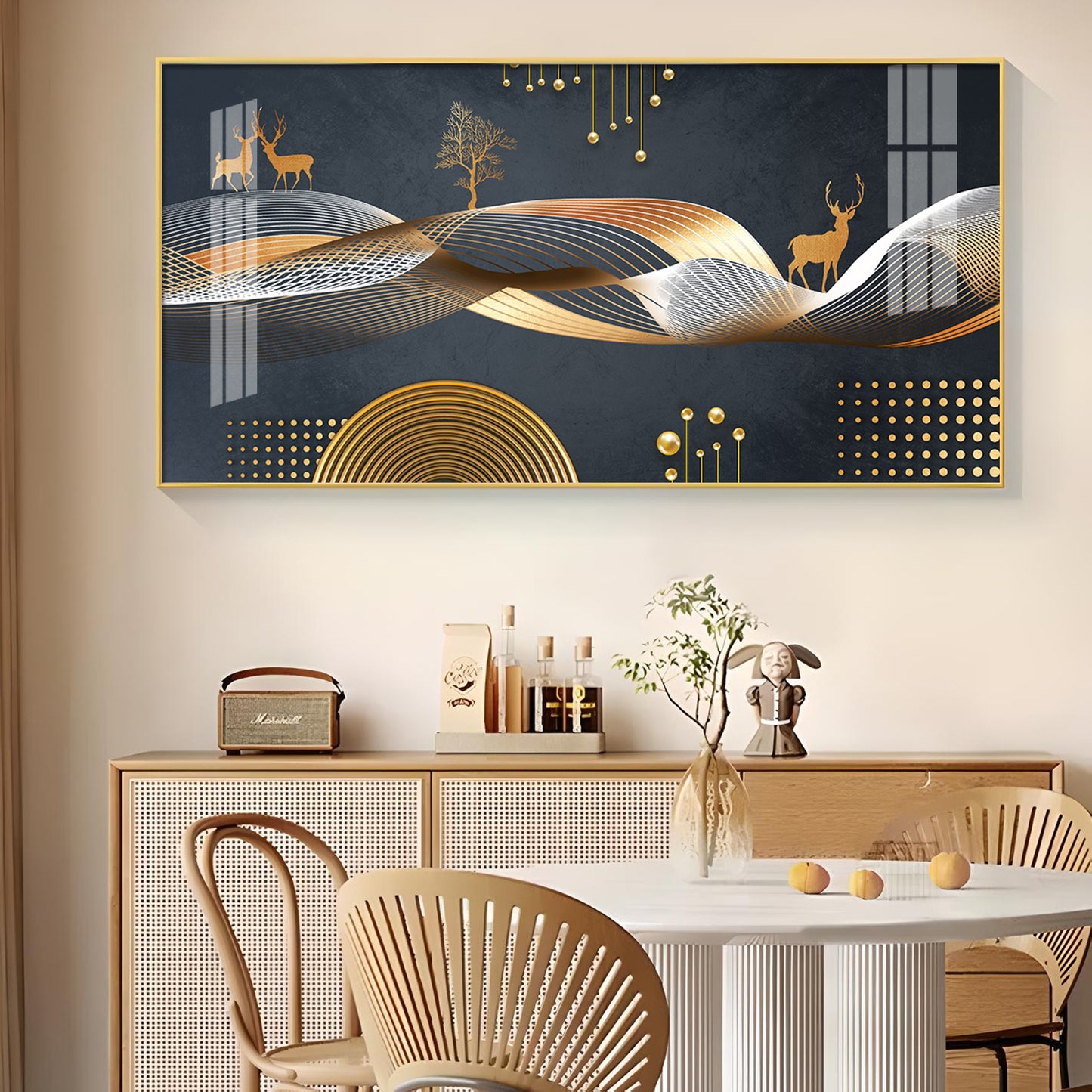 Night Landscape With Golden Deer Glass Finish Horizontal Wall Art