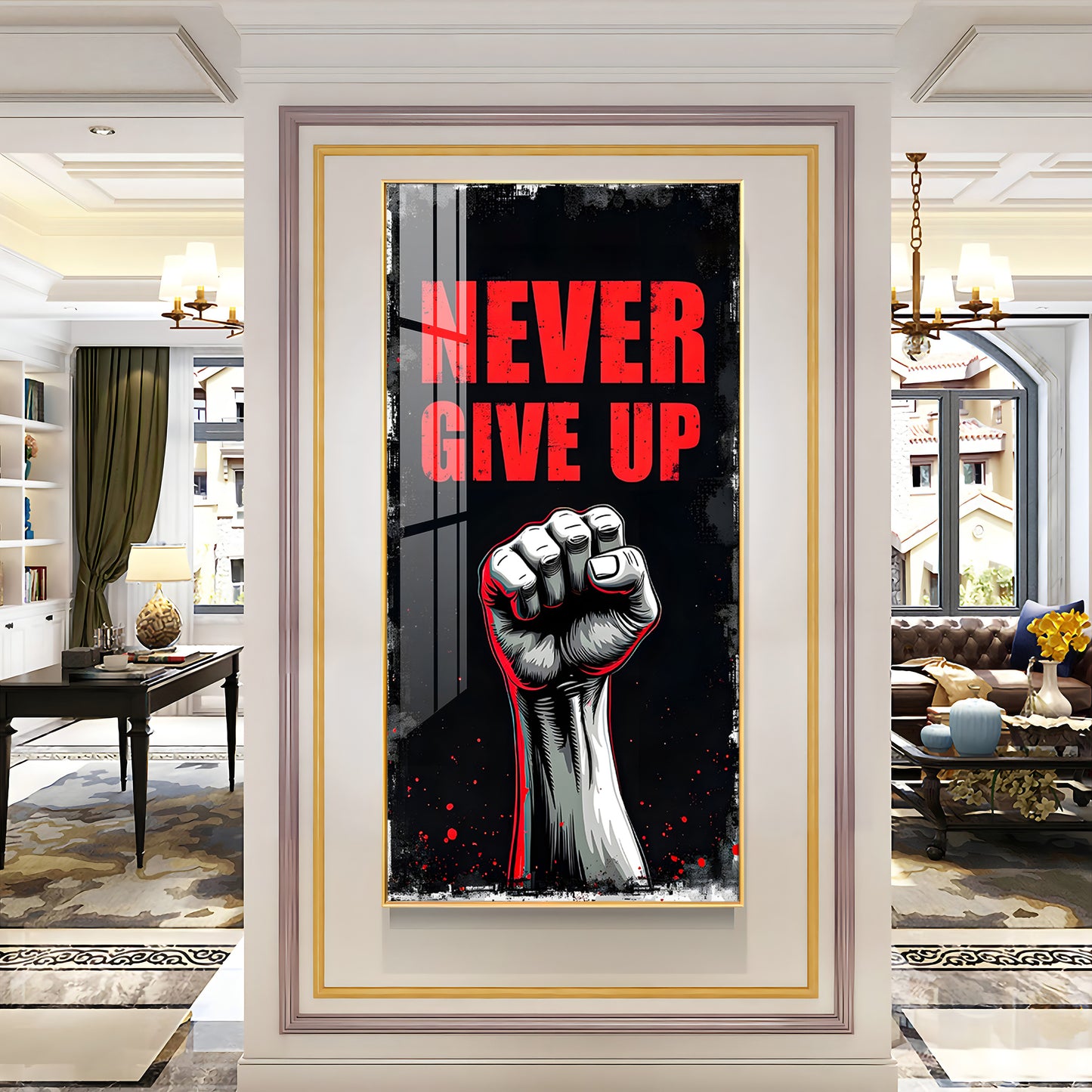 Never Give Up Glass Finish Vertical Wall Art