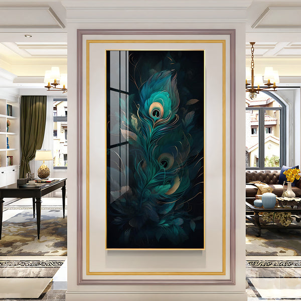Peacock Feather Retreat Glass Finish Vertical Wall Art
