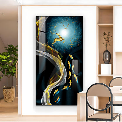 The Golden Swim Glass Finish Vertical Wall Art