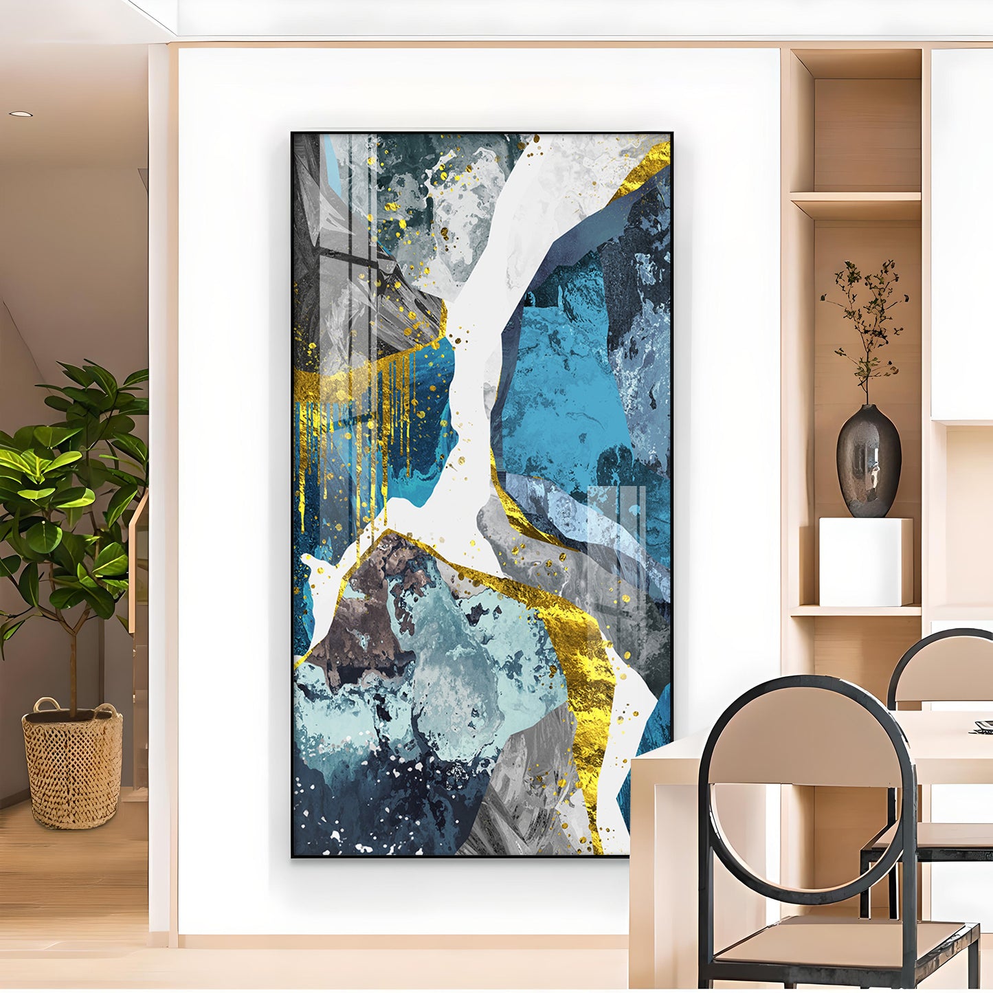 Gold and Blue Abstraction Glass Finish Vertical Wall Art