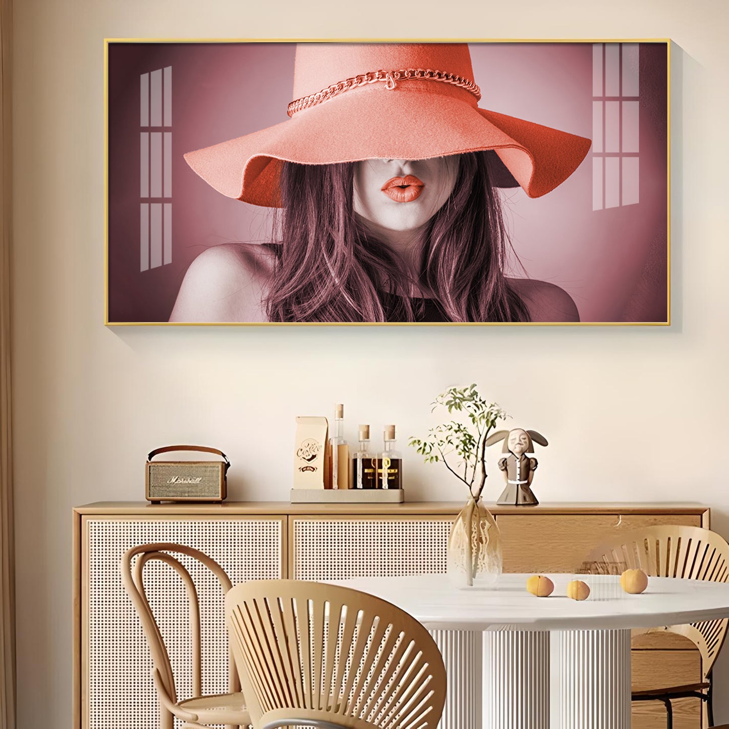 Modern Lady With Hat Glass Finish Horizontal Wall Art