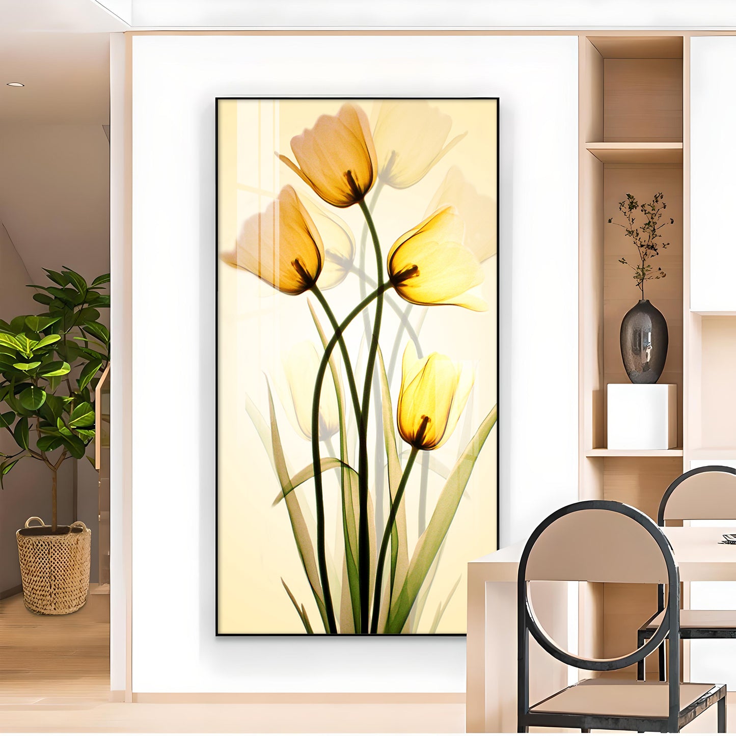 Radiant Yellow Tulips Glass Finish Vertical Wall Art