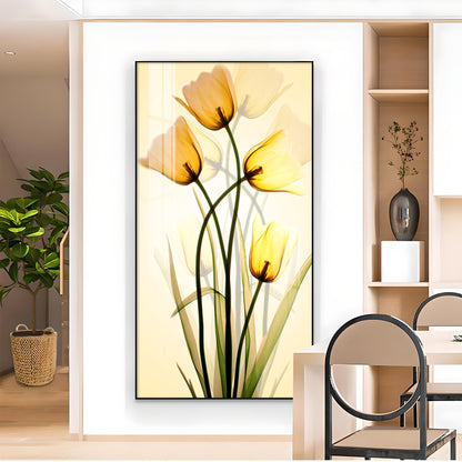 Radiant Yellow Tulips Glass Finish Vertical Wall Art