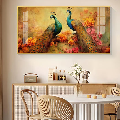 Two Peacock With Flower Background Glass Finish Horizontal Wall Art