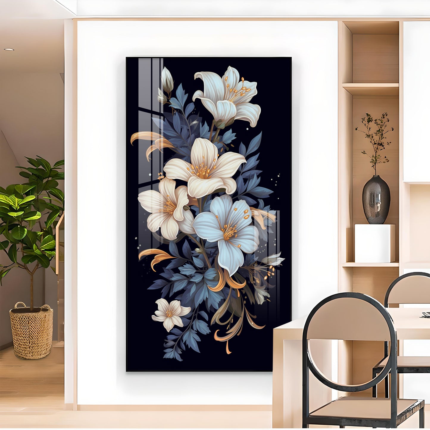 Obsidian Floral Glass Finish Vertical Wall Art