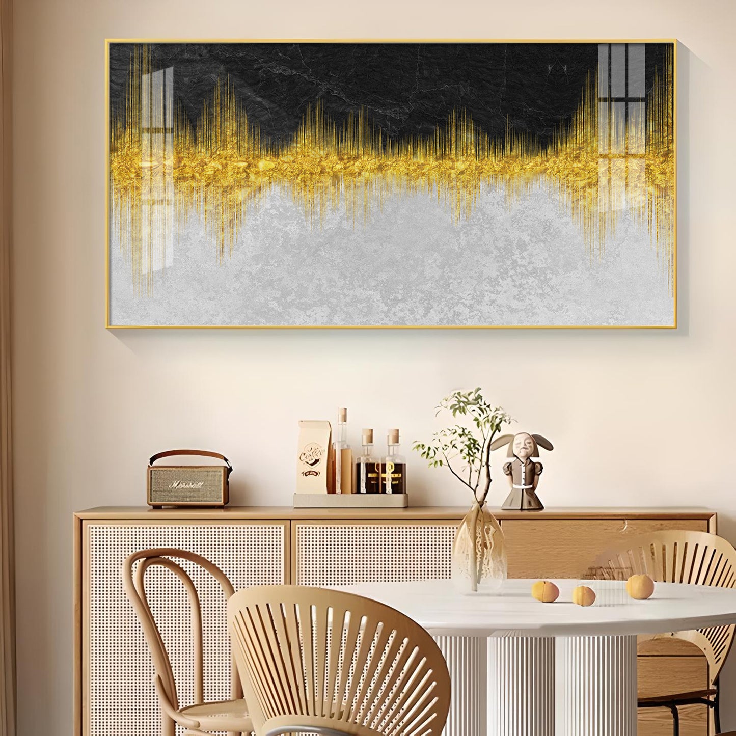 Abstract Marble Golden Black Glass Finish Horizontal Wall Art