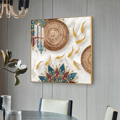 Ivory and Gold Fish Harmony Glass Finish Square Wall Art