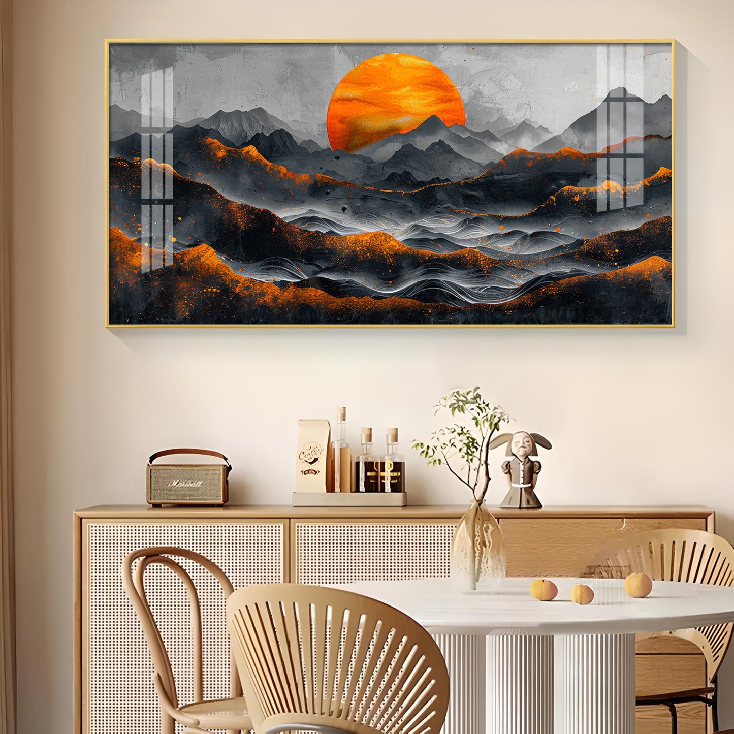 Sun Rise In Black Mountain Glass Finish Horizontal Wall Art