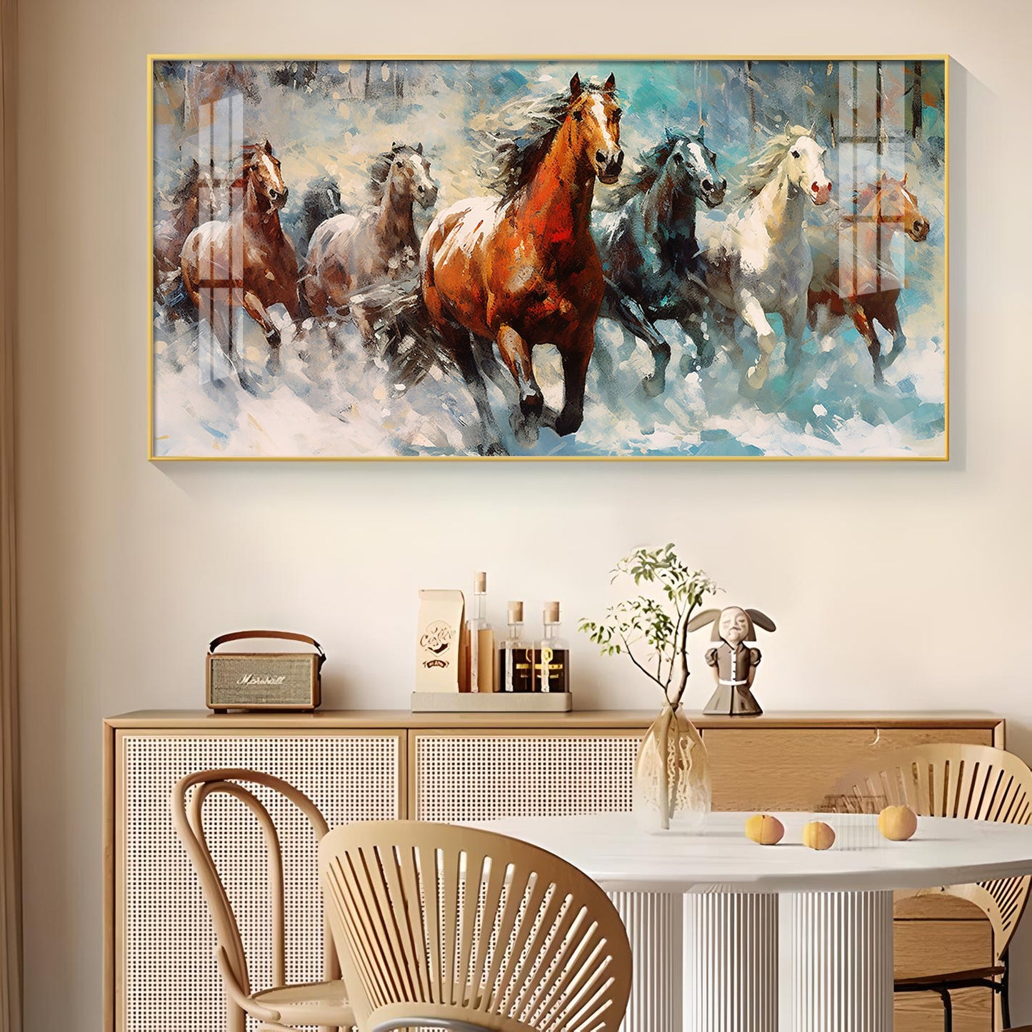 Running Horses Vastu Glass Finish Horizontal Wall Art