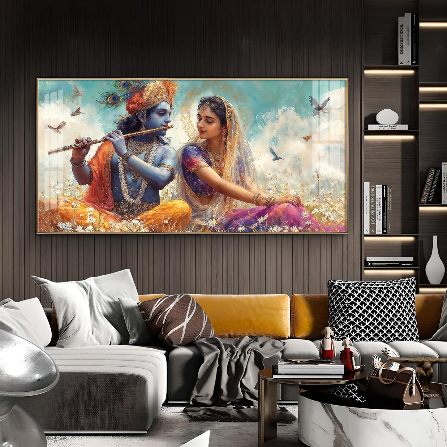 Radhe Krishna Loving Glass Finish Horizontal Wall Art