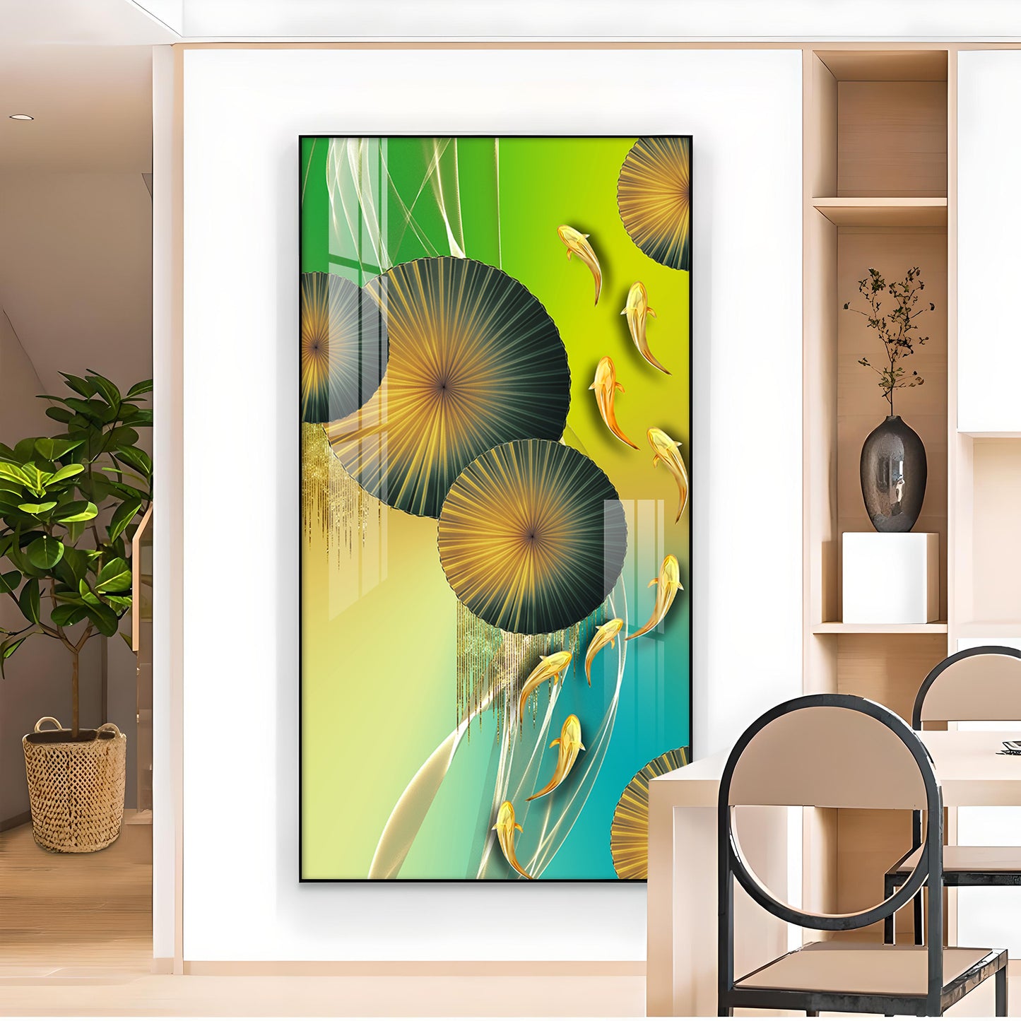 Emerald Oasis Koi Glass Finish Vertical Wall Art