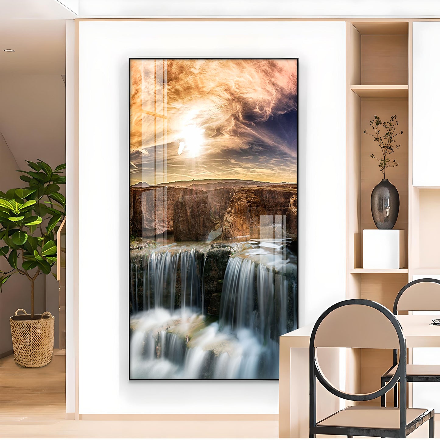 Dusk Over the Falls Glass Finish Vertical Wall Art