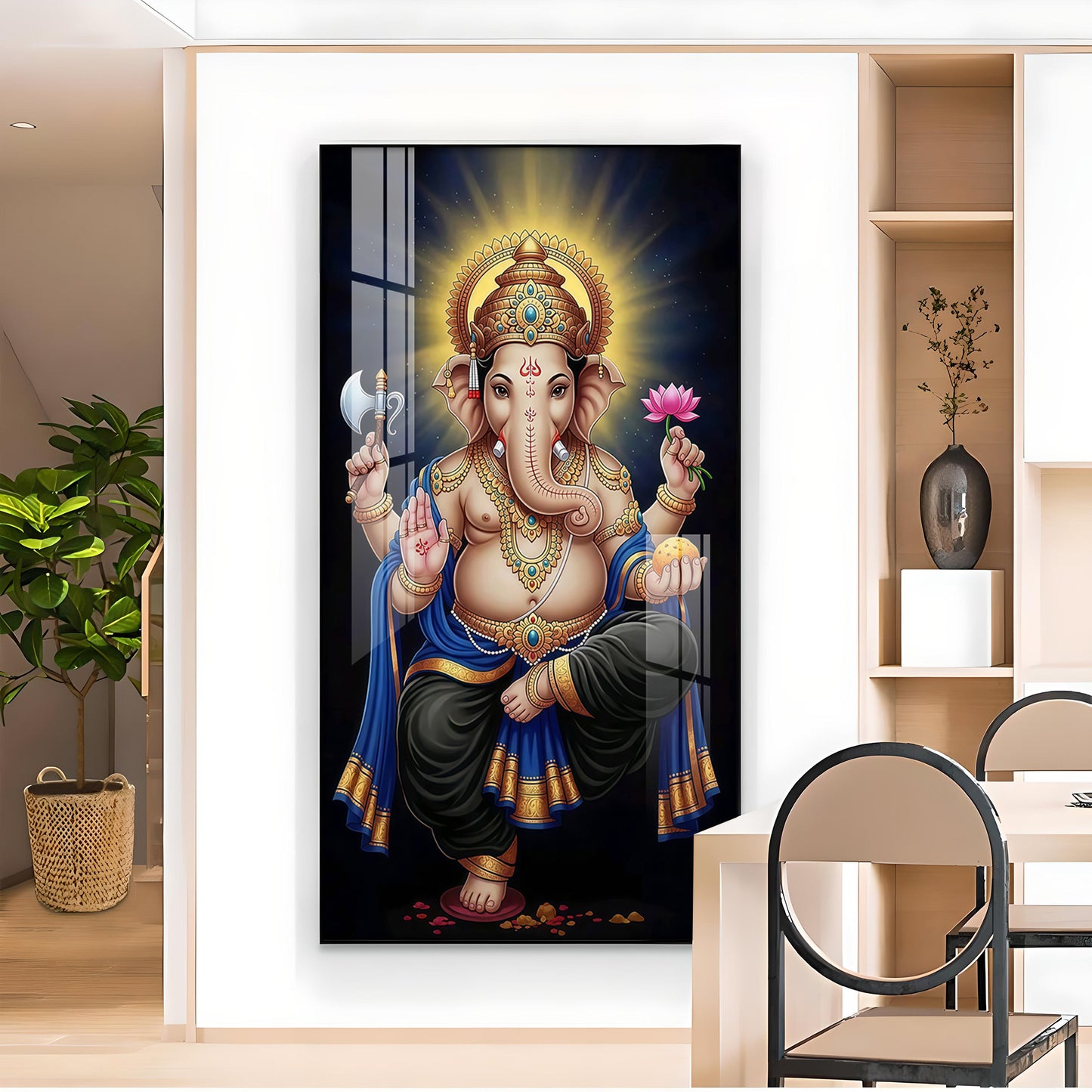 Om Gan Ganpataye Glass Finish Vertical Wall Art
