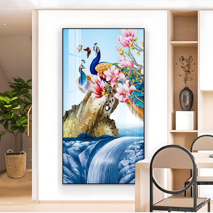 Peacock Amidst Floral Waters Glass Finish Vertical Wall Art