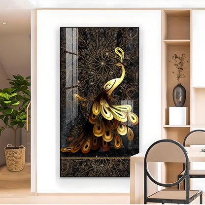 Golden Veil Peacock Glass Finish Vertical Wall Art