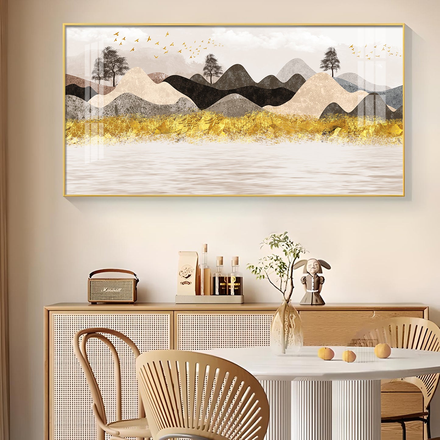 Colorful Golden Mountain Glass Finish Horizontal Wall Art