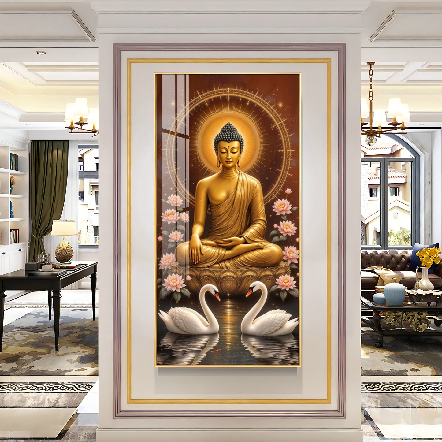 Meditating Budha With Swarn Glass Finish Vertical Wall Art