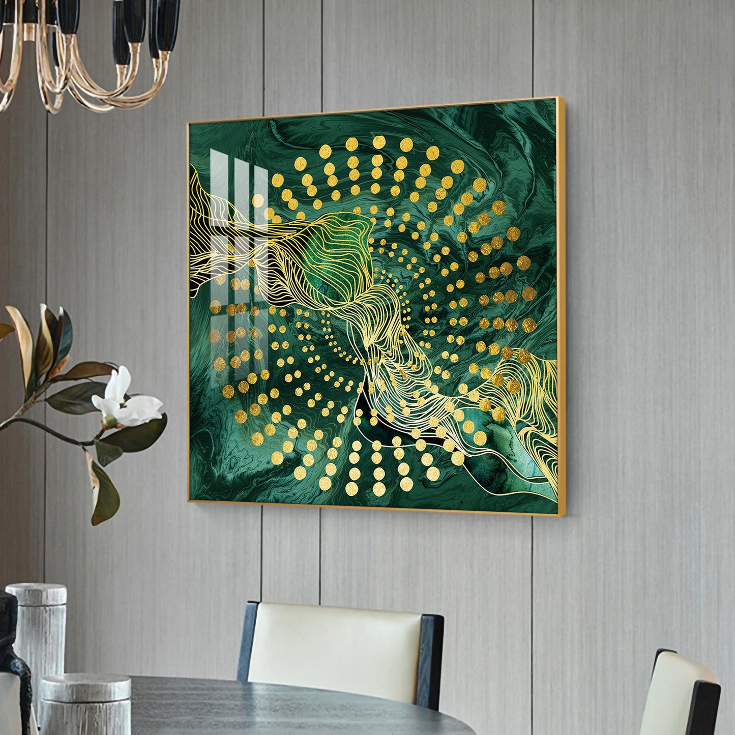 Emerald Abstraction Glass Finish Square Wall Art