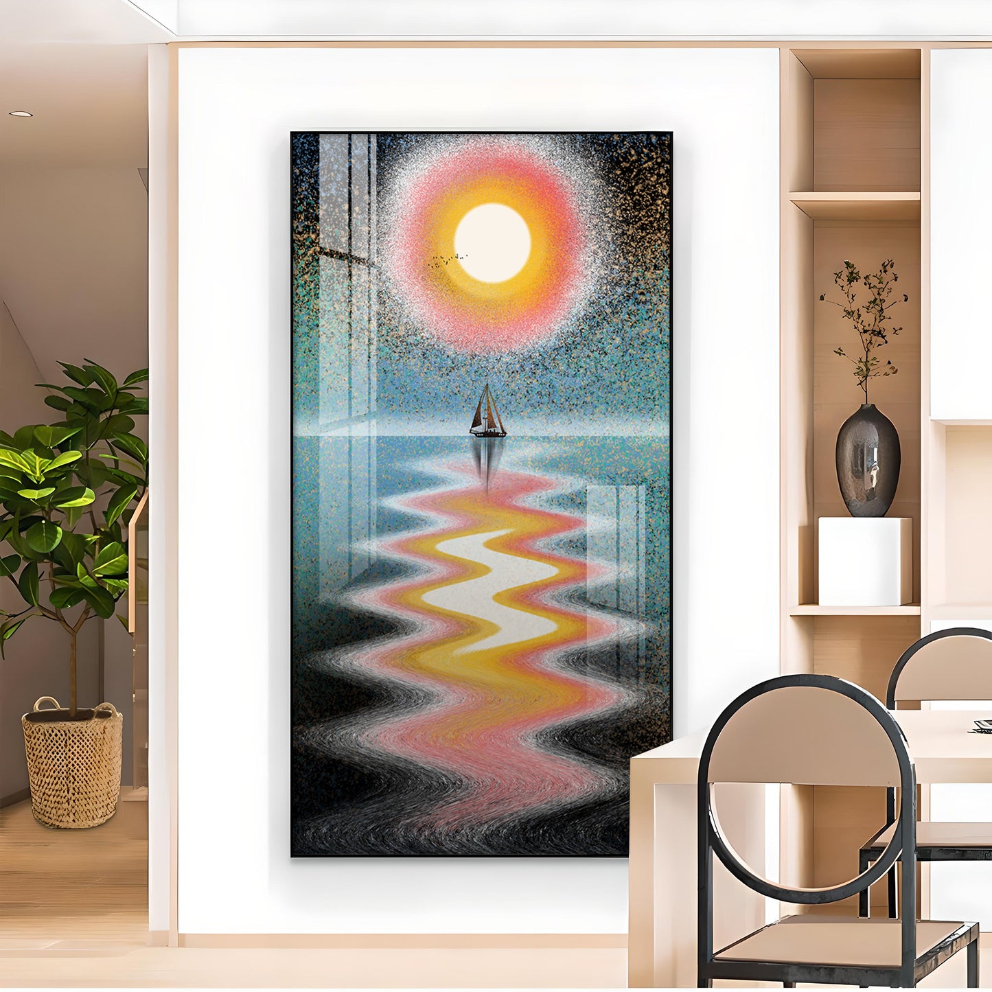 Sunlit Voyage Glass Finish Vertical Wall Art