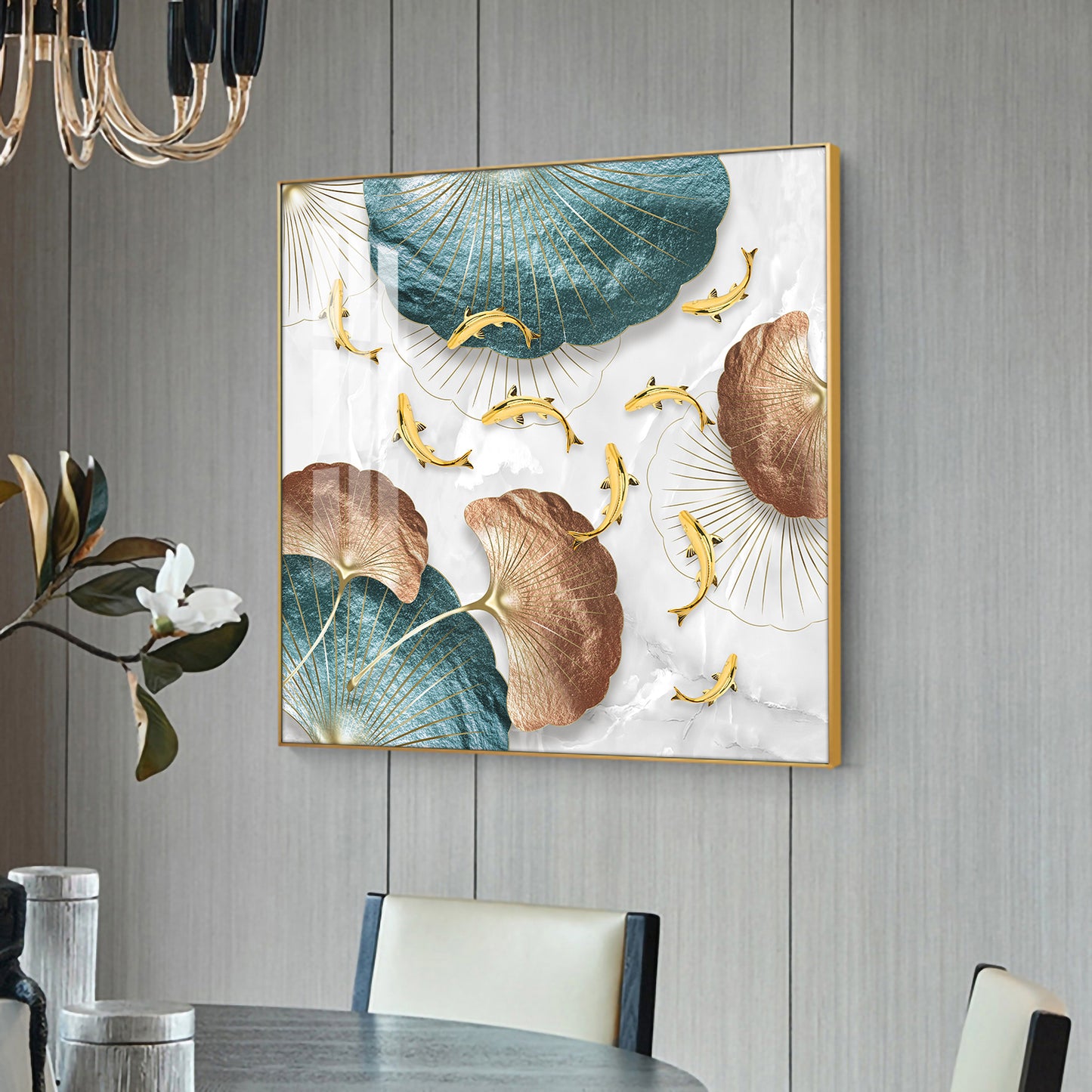 Opulent Blue Gold Flora Glass Finish Square Wall Art